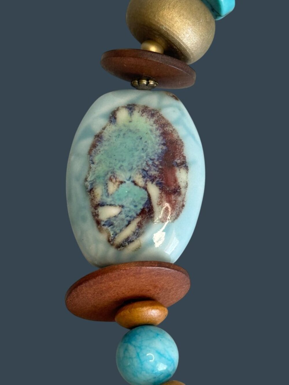 Boho Turquoise Chunky Necklace Stone Pendant Ceramic Bead Adjustable 26in - Picture 5 of 10